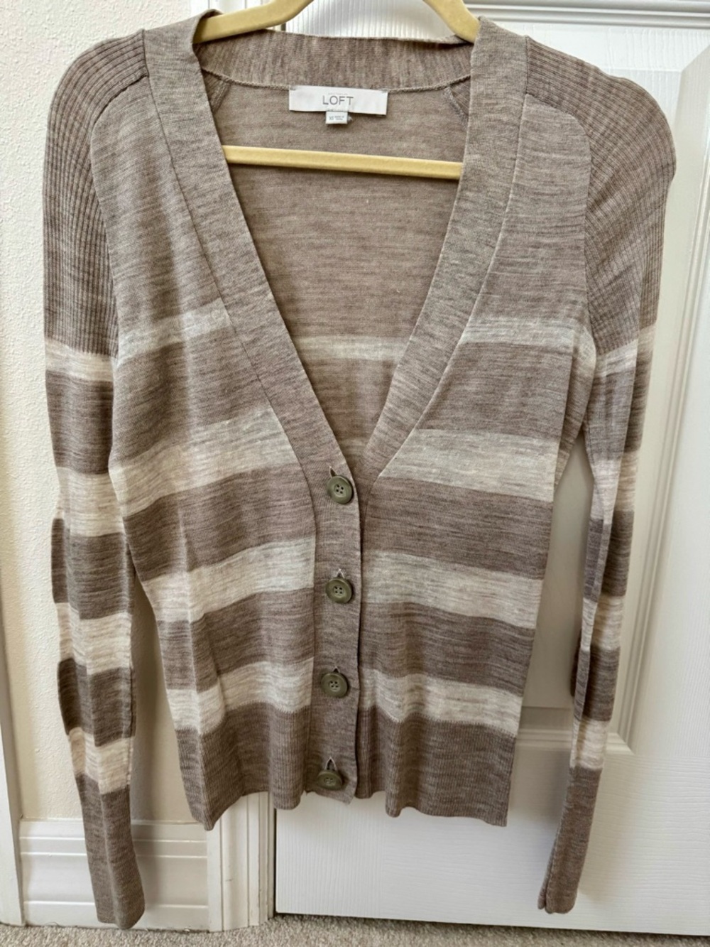 LOFT Taupe and Cream Striped V-Neck Button Cardigan